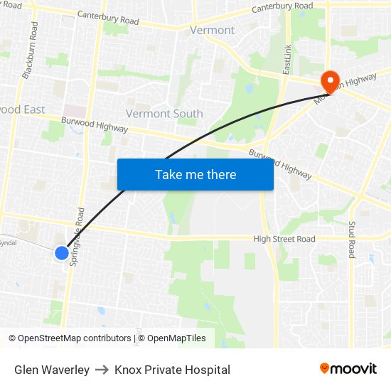 Glen Waverley to Knox Private Hospital map