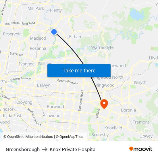 Greensborough to Knox Private Hospital map