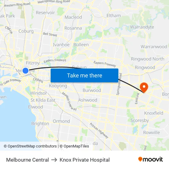 Melbourne Central to Knox Private Hospital map
