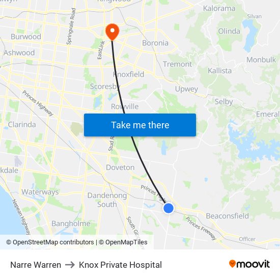 Narre Warren to Knox Private Hospital map