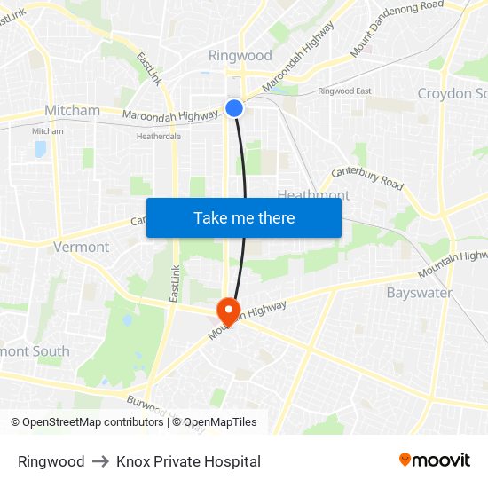 Ringwood to Knox Private Hospital map
