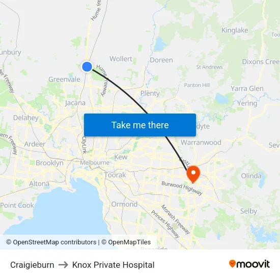 Craigieburn to Knox Private Hospital map