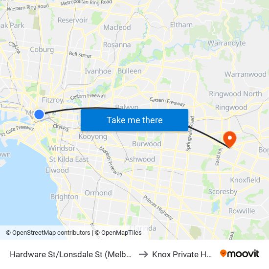 Hardware St/Lonsdale St (Melbourne City) to Knox Private Hospital map