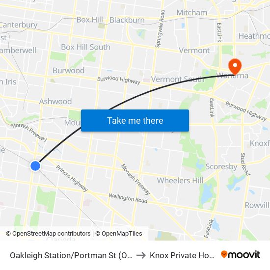 Oakleigh Station/Portman St (Oakleigh) to Knox Private Hospital map