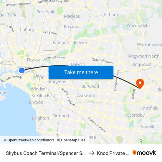 Skybus Coach Terminal/Spencer St (Melbourne City) to Knox Private Hospital map