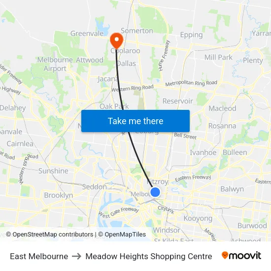 East Melbourne to Meadow Heights Shopping Centre map