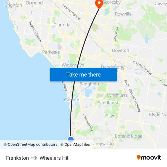 Frankston to Wheelers Hill map