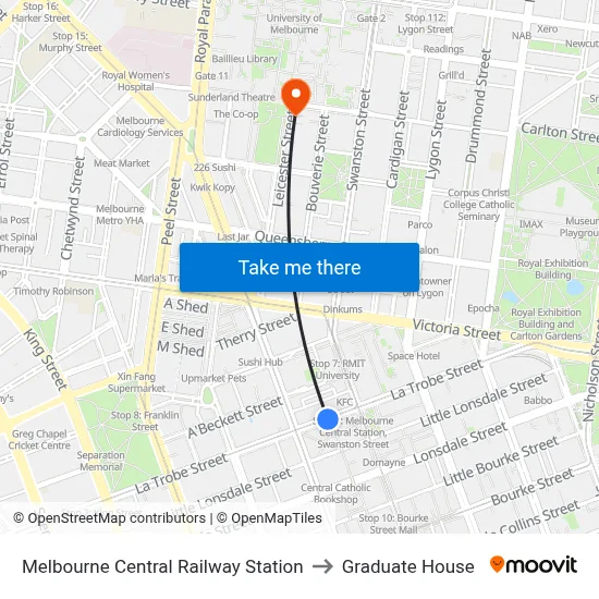 Melbourne Central Railway Station to Graduate House map