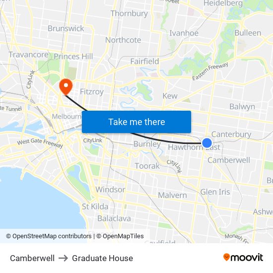 Camberwell to Graduate House map