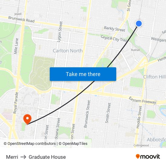 Merri to Graduate House map