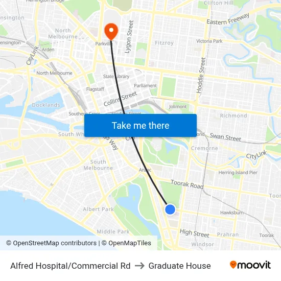 Alfred Hospital/Commercial Rd to Graduate House map