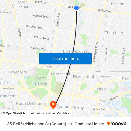 135-Bell St/Nicholson St (Coburg) to Graduate House map