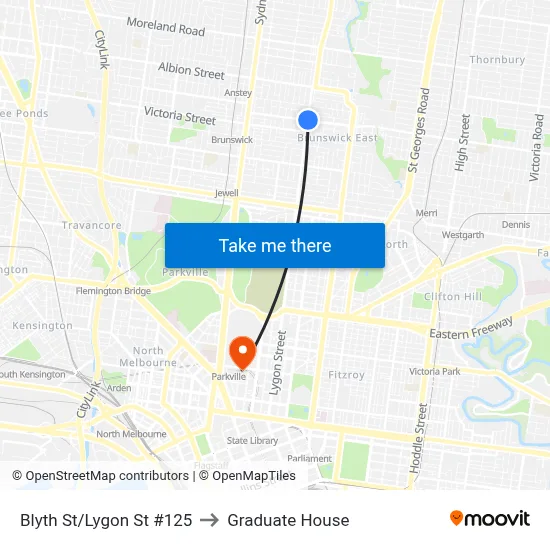 Blyth St/Lygon St #125 to Graduate House map