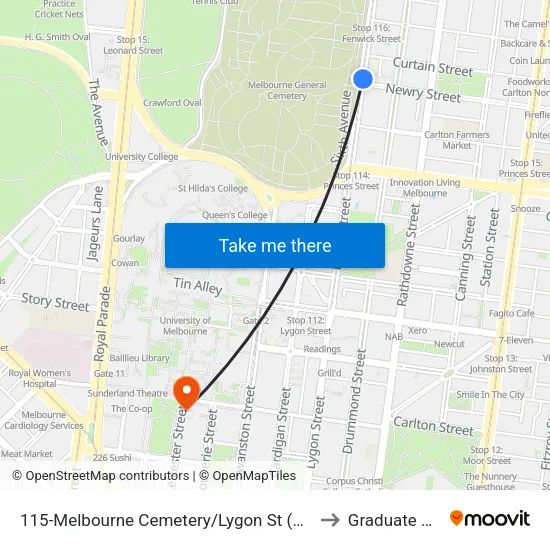 Melbourne Cemetery/Lygon St #115 to Graduate House map