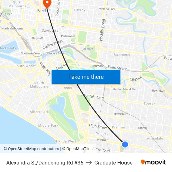 Alexandra St/Dandenong Rd #36 to Graduate House map