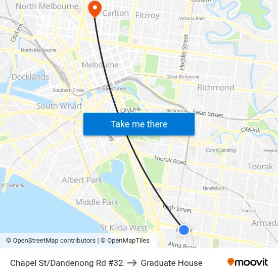 Chapel St/Dandenong Rd #32 to Graduate House map