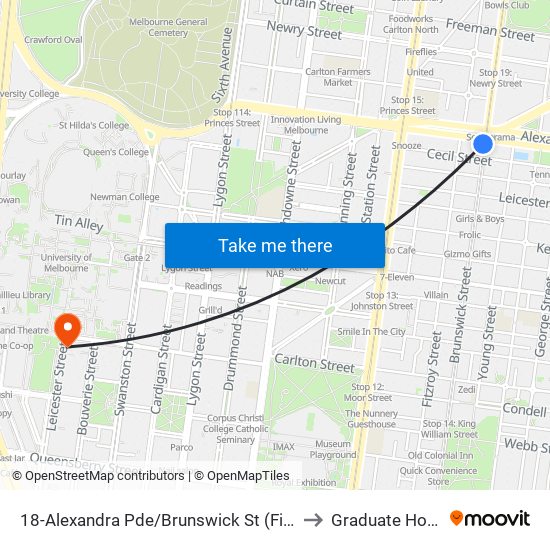18-Alexandra Pde/Brunswick St (Fitzroy) to Graduate House map