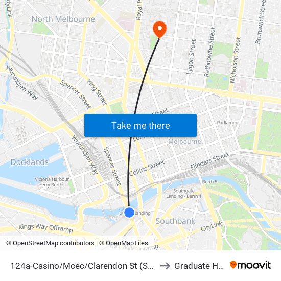 124a-Casino/Mcec/Clarendon St (Southbank) to Graduate House map