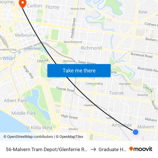 56-Malvern Tram Depot/Glenferrie Rd (Malvern) to Graduate House map