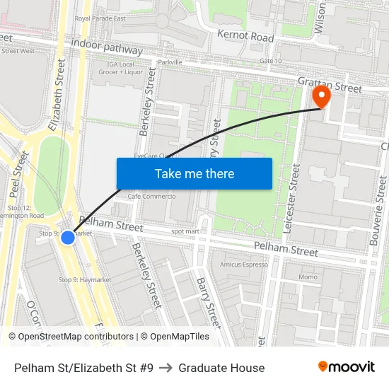 Pelham St/Elizabeth St #9 to Graduate House map