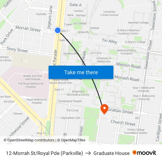 12-Morrah St/Royal Pde (Parkville) to Graduate House map