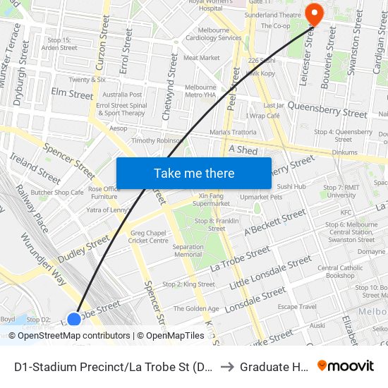 D1-Stadium Precinct/La Trobe St (Docklands) to Graduate House map