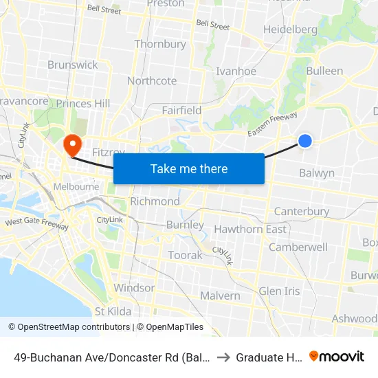 Buchanan Ave/Doncaster Rd #49 to Graduate House map
