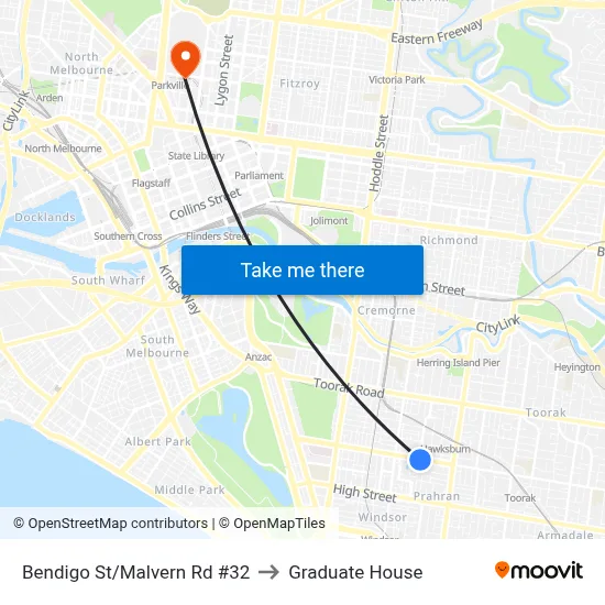 Bendigo St/Malvern Rd #32 to Graduate House map