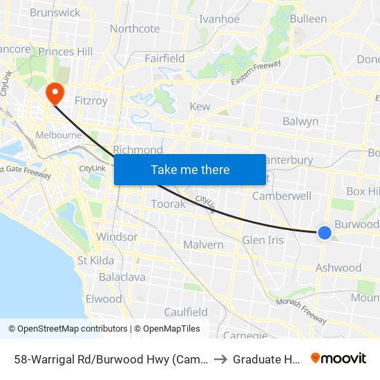 58-Warrigal Rd/Burwood Hwy (Camberwell) to Graduate House map
