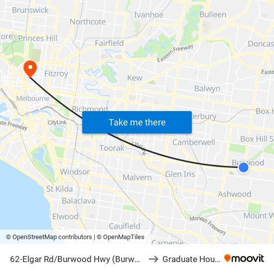 62-Elgar Rd/Burwood Hwy (Burwood) to Graduate House map