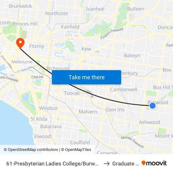 61-Presbyterian Ladies College/Burwood Hwy (Burwood) to Graduate House map