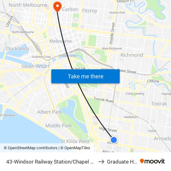 43-Windsor Railway Station/Chapel St (Prahran) to Graduate House map