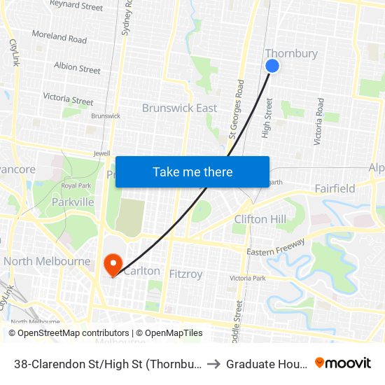 38-Clarendon St/High St (Thornbury) to Graduate House map