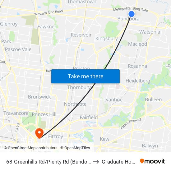 68-Greenhills Rd/Plenty Rd (Bundoora) to Graduate House map