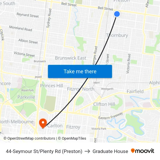 Seymour St/Plenty Rd #44 to Graduate House map