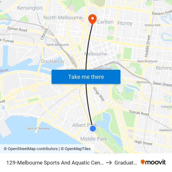 129-Melbourne Sports And Aquatic Centre/Light Rail (Middle Park) to Graduate House map