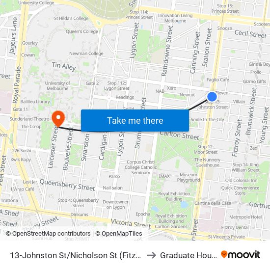 13-Johnston St/Nicholson St (Fitzroy) to Graduate House map