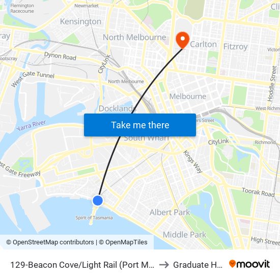 129-Beacon Cove/Light Rail (Port Melbourne) to Graduate House map