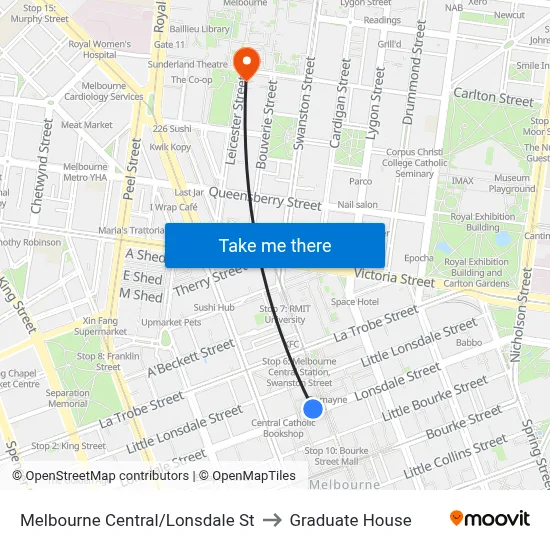 Melbourne Central/Lonsdale St to Graduate House map