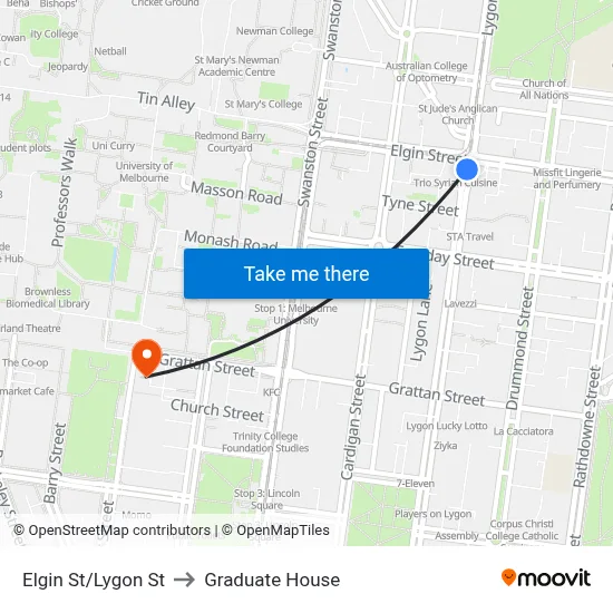 Elgin St/Lygon St to Graduate House map
