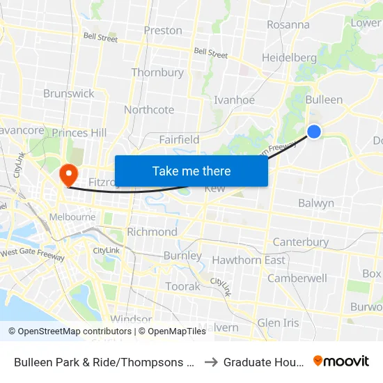 Bulleen Park & Ride/Thompsons Rd to Graduate House map