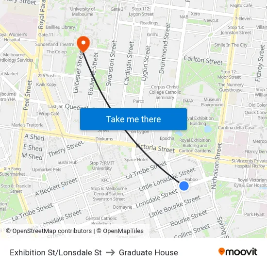 Exhibition St/Lonsdale St to Graduate House map