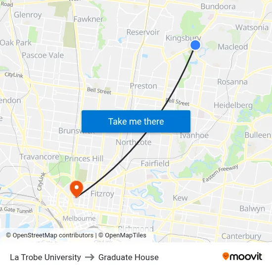 La Trobe University to Graduate House map