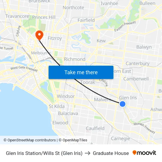 Glen Iris Station/Wills St to Graduate House map