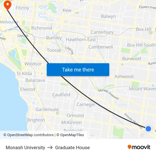 Monash University to Graduate House map