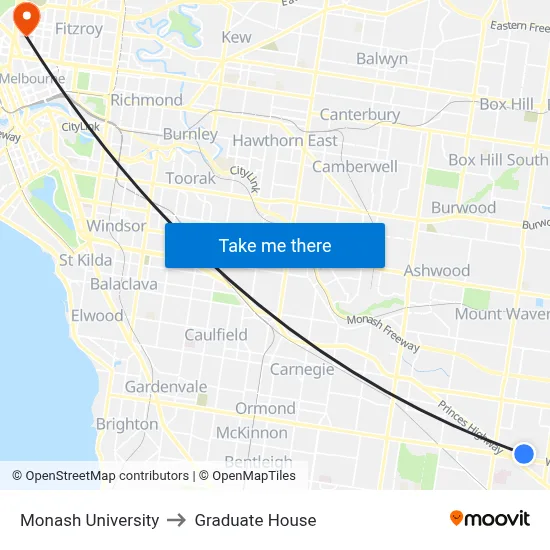 Monash University to Graduate House map