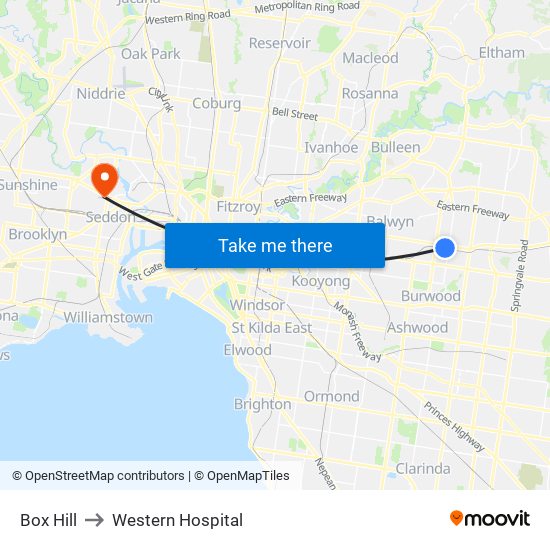 Box Hill to Western Hospital map