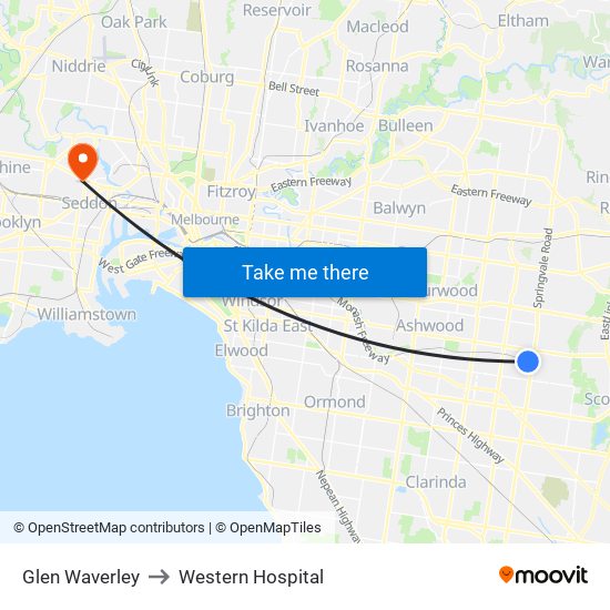 Glen Waverley to Western Hospital map