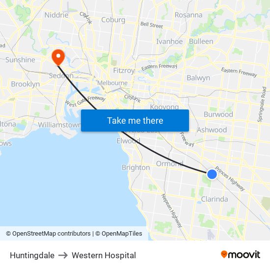 Huntingdale to Western Hospital map