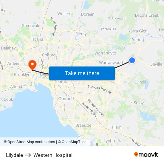 Lilydale to Western Hospital map